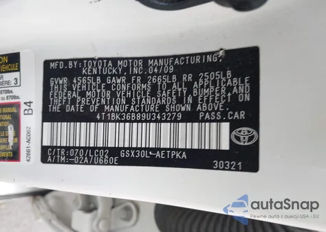 2009 Toyota Avalon Limited z USA, uszkodzony, nr VIN 4T1BK36B89U343279